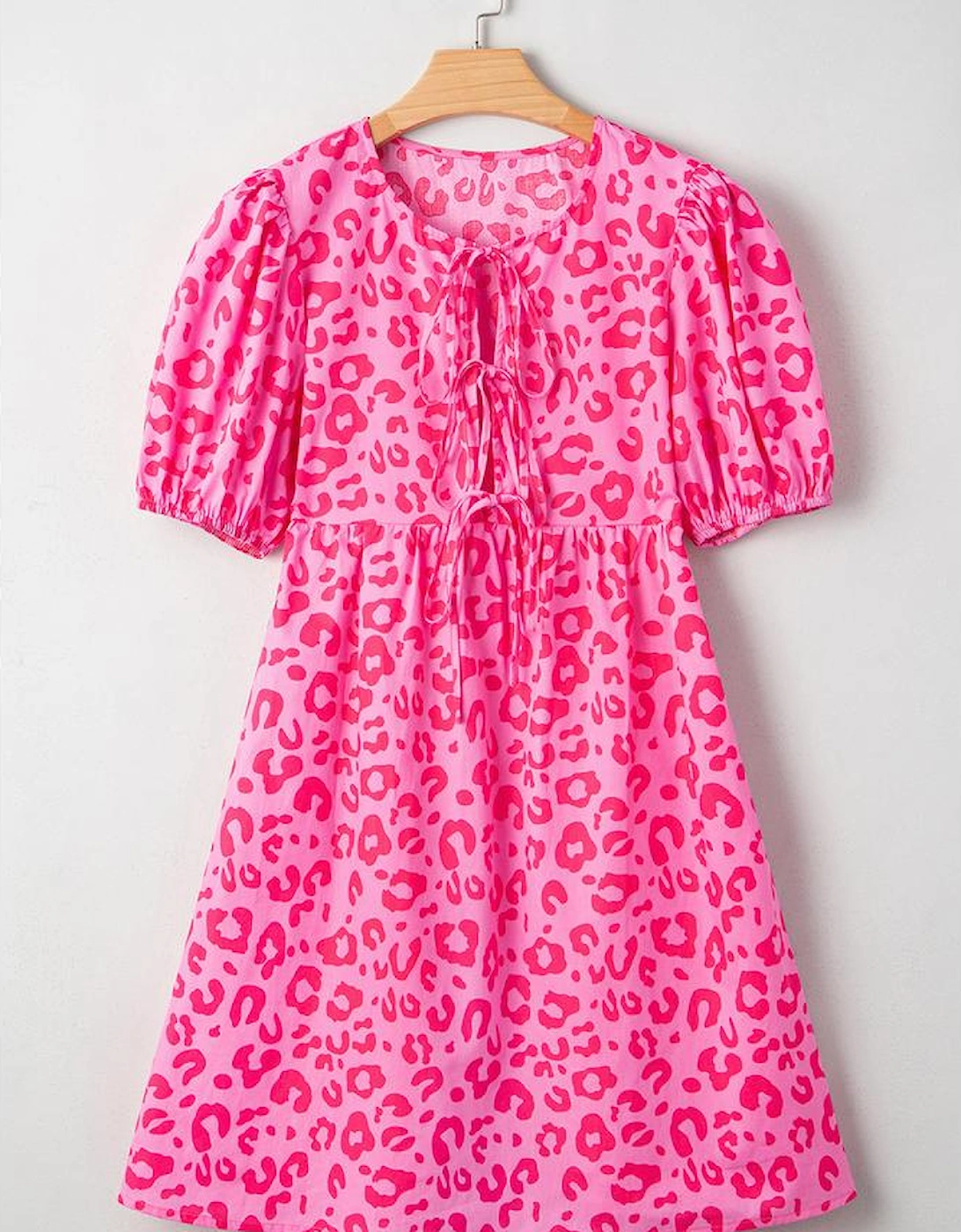 Rose Leopard Puff Sleeve Tie Front High Waist Mini Dress
