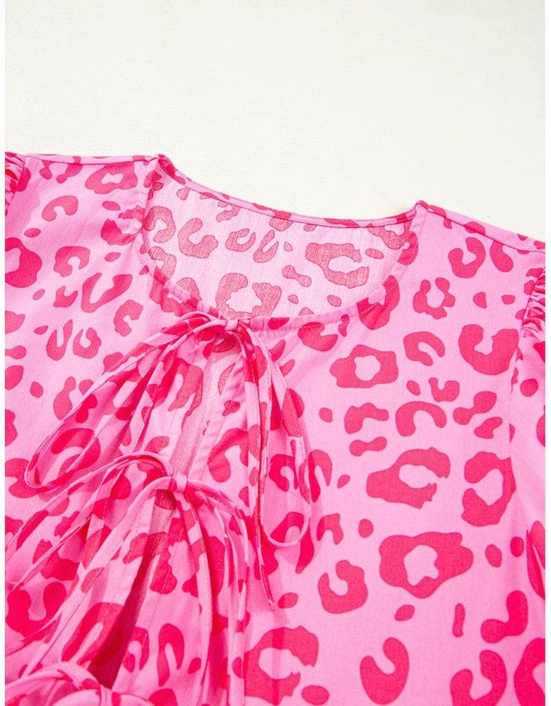 Rose Leopard Puff Sleeve Tie Front High Waist Mini Dress