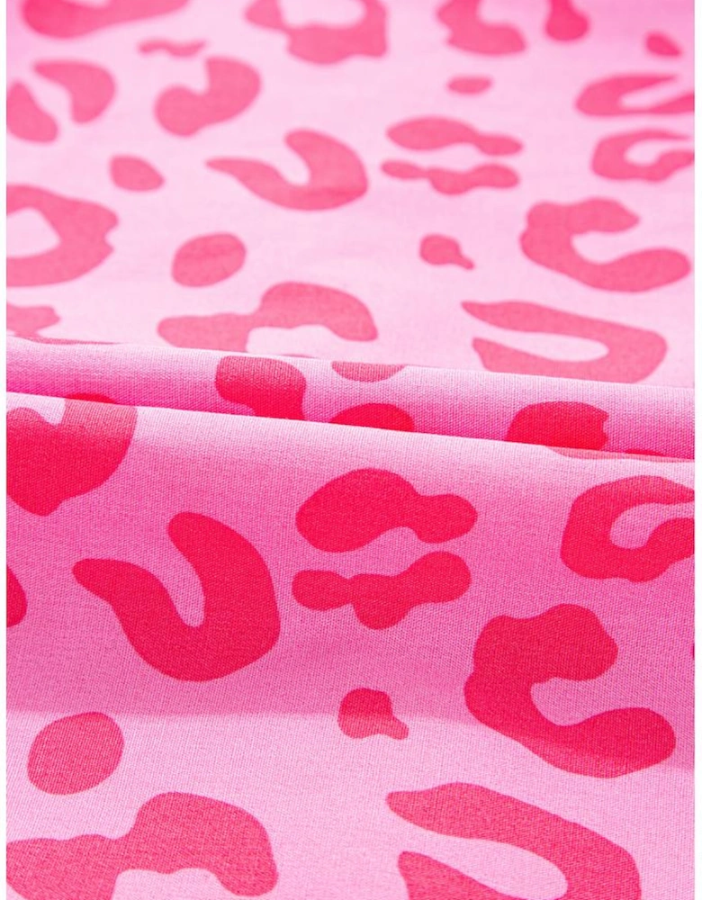 Rose Leopard Puff Sleeve Tie Front High Waist Mini Dress