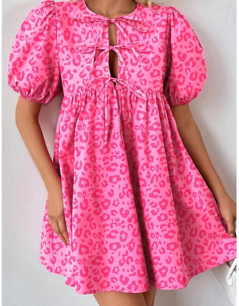 Rose Leopard Puff Sleeve Tie Front High Waist Mini Dress
