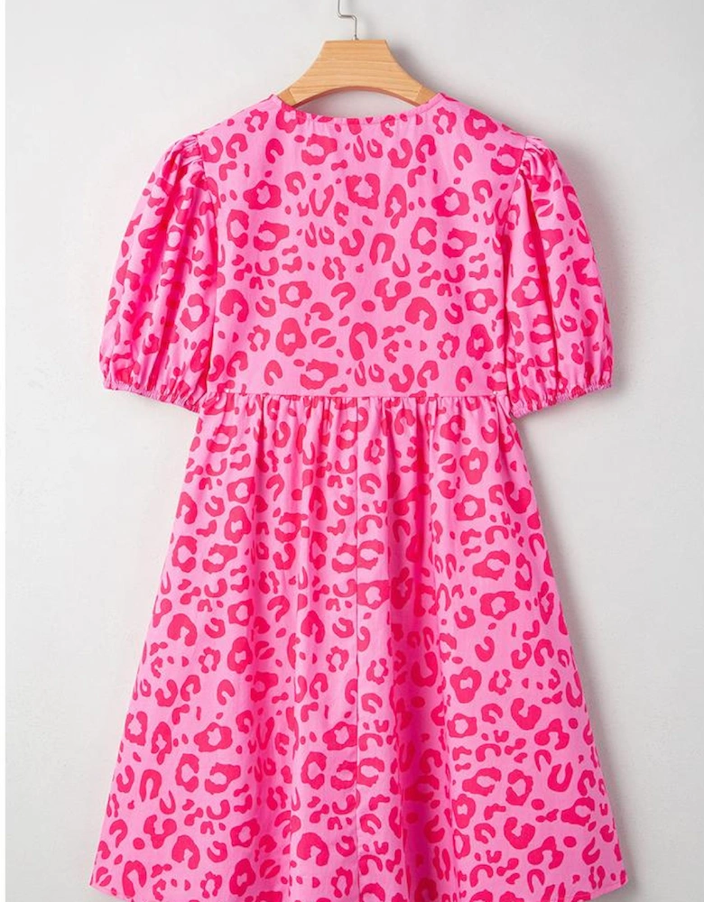 Rose Leopard Puff Sleeve Tie Front High Waist Mini Dress