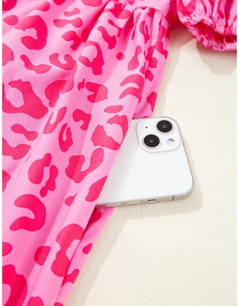 Rose Leopard Puff Sleeve Tie Front High Waist Mini Dress