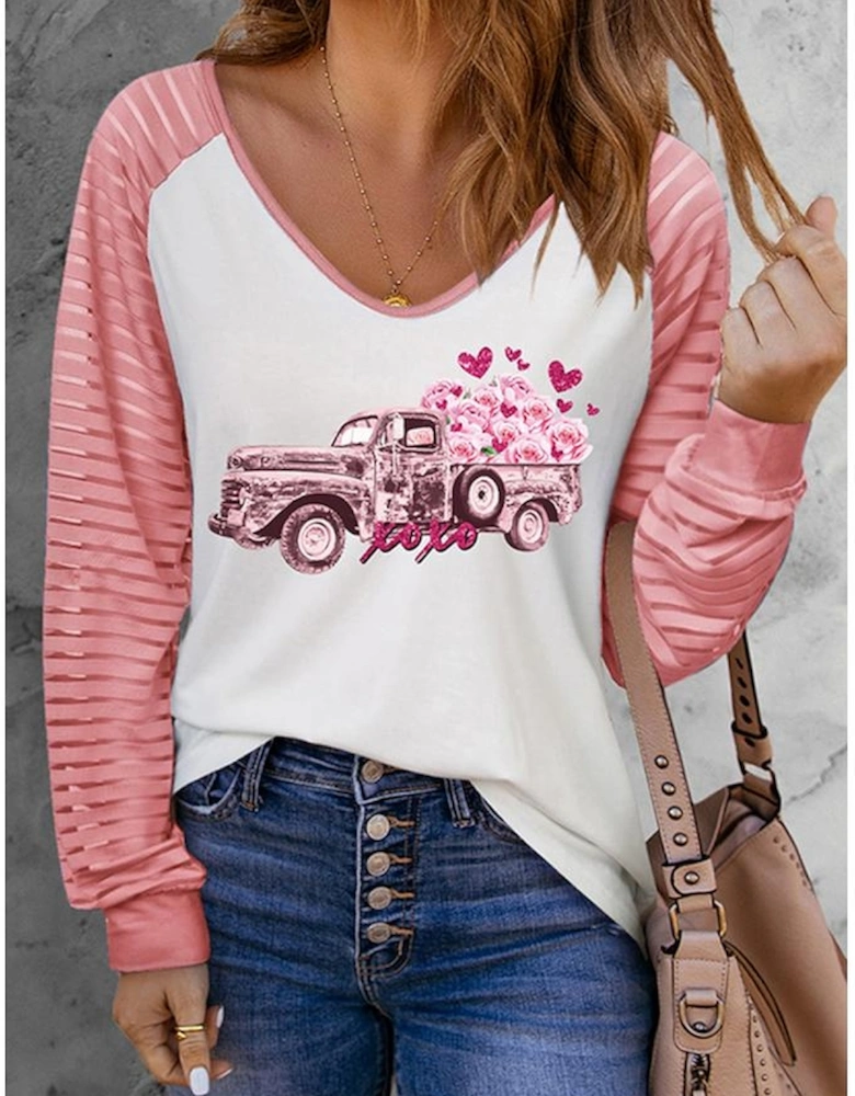 Pink Valentines Flower Car Graphic Striped Long Sleeve Top