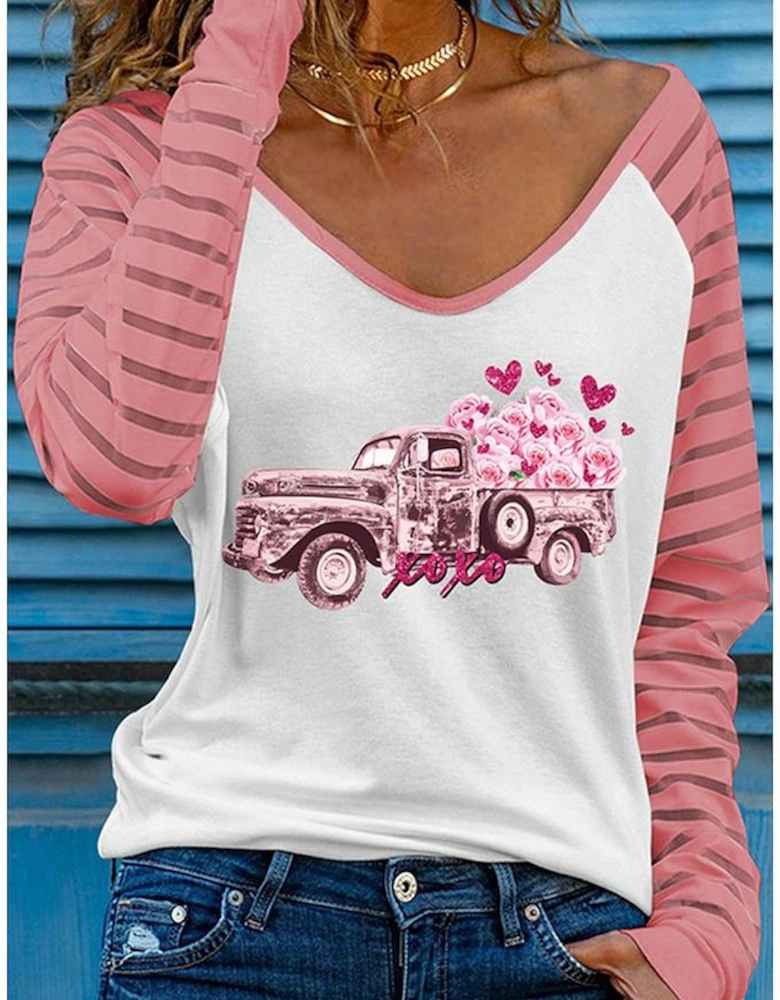 Pink Valentines Flower Car Graphic Striped Long Sleeve Top