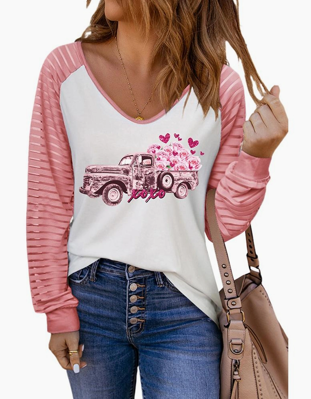 Pink Valentines Flower Car Graphic Striped Long Sleeve Top, 5 of 4