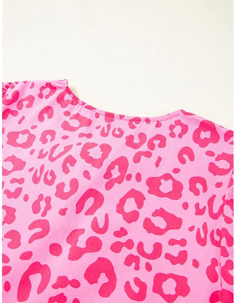 Rose Leopard Puff Sleeve Tie Front High Waist Mini Dress
