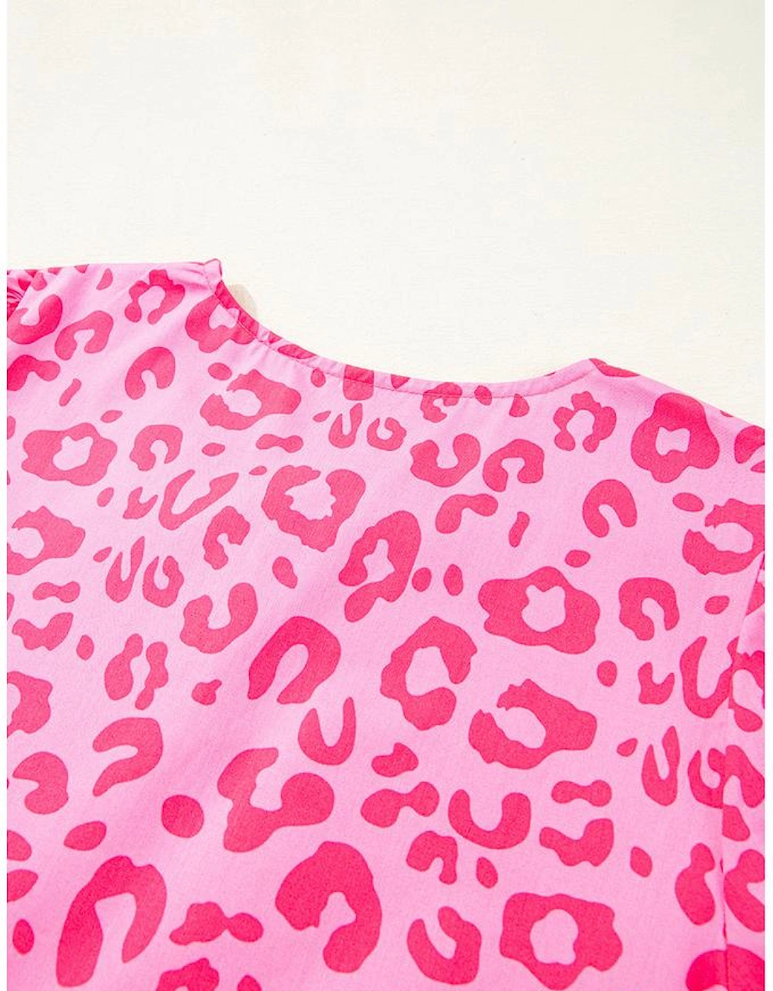 Rose Leopard Puff Sleeve Tie Front High Waist Mini Dress