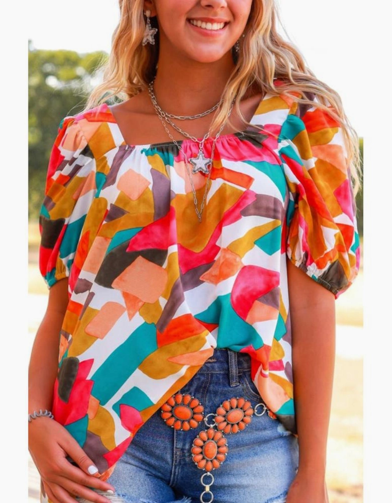 Multicolor Square Neck Abstract Print Short Sleeve Blouse