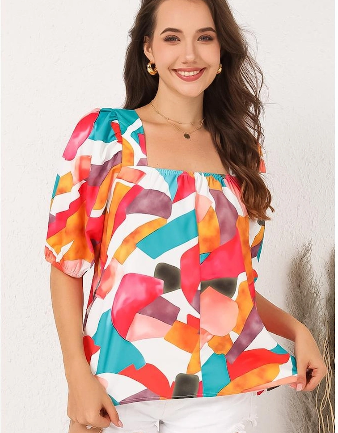 Multicolor Square Neck Abstract Print Short Sleeve Blouse, 16 of 15