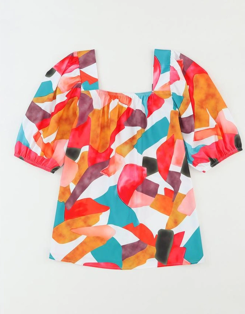 Multicolor Square Neck Abstract Print Short Sleeve Blouse