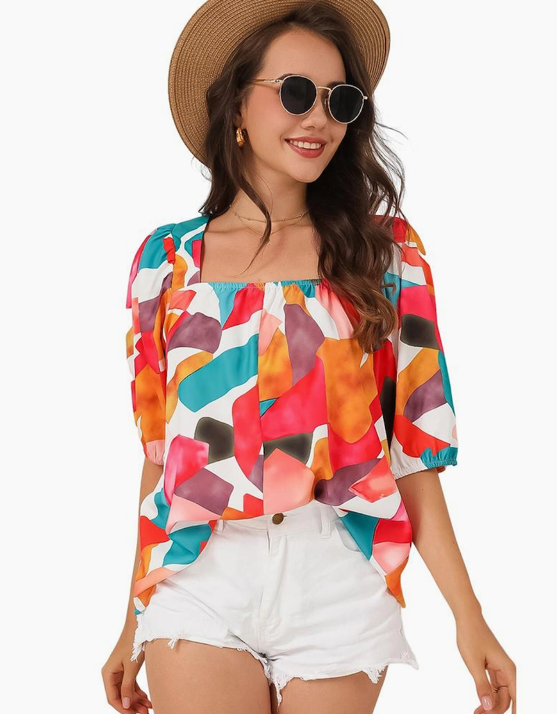 Multicolor Square Neck Abstract Print Short Sleeve Blouse