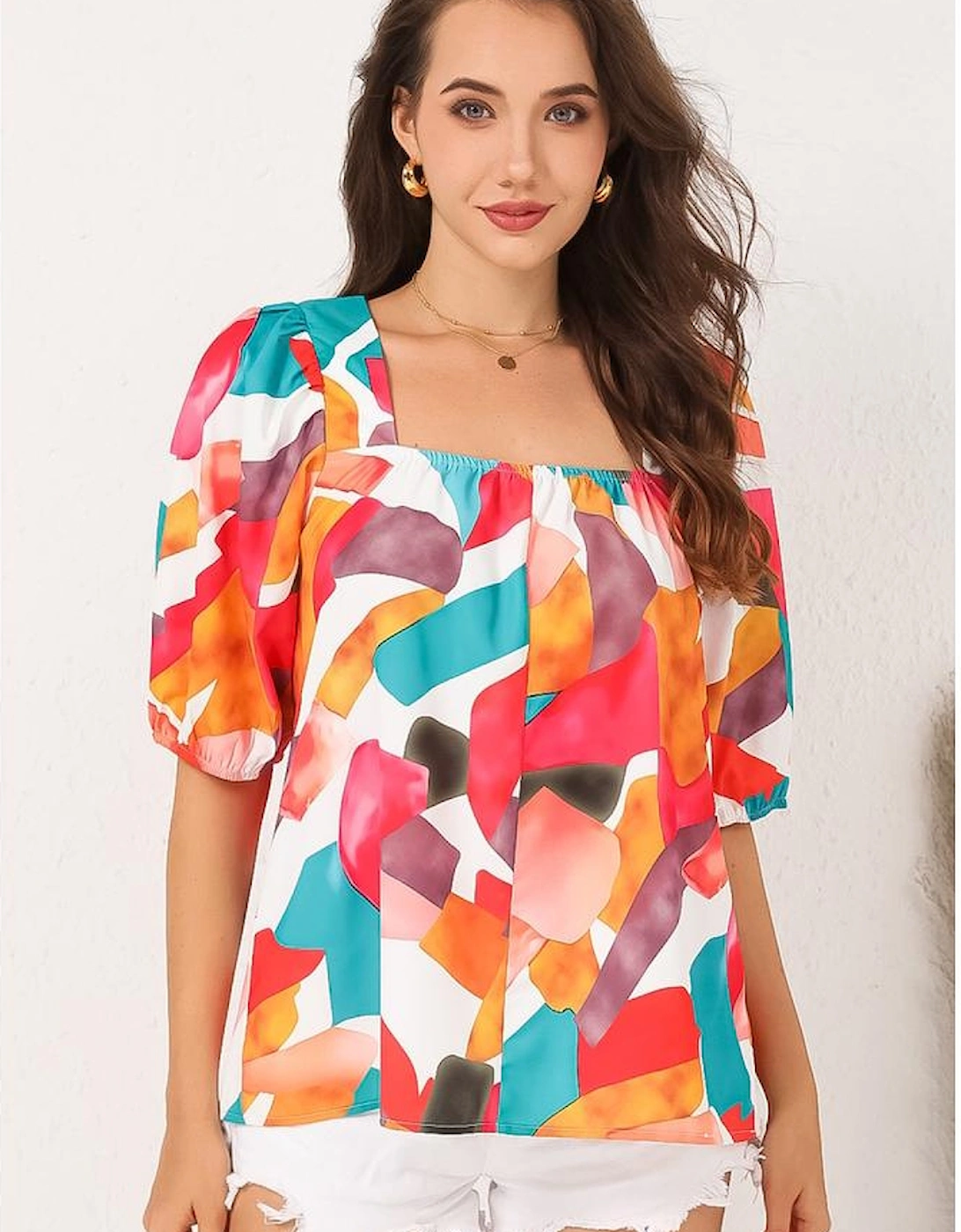 Multicolor Square Neck Abstract Print Short Sleeve Blouse