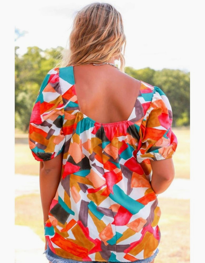 Multicolor Square Neck Abstract Print Short Sleeve Blouse