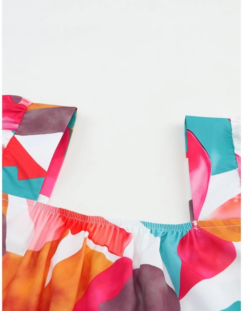 Multicolor Square Neck Abstract Print Short Sleeve Blouse