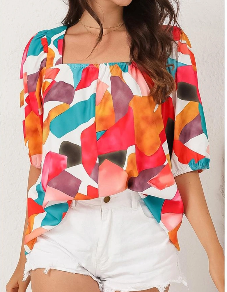 Multicolor Square Neck Abstract Print Short Sleeve Blouse