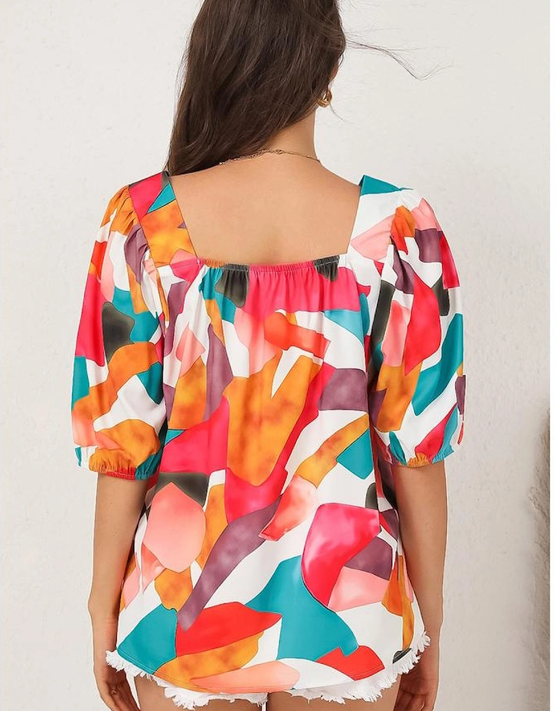 Multicolor Square Neck Abstract Print Short Sleeve Blouse