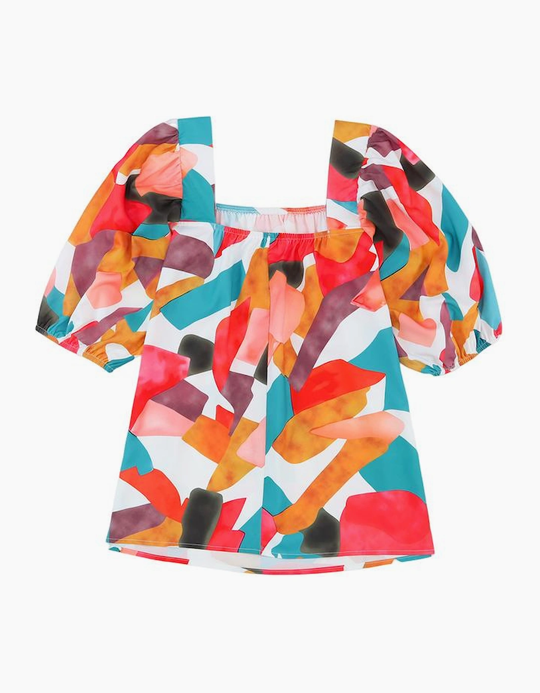 Multicolor Square Neck Abstract Print Short Sleeve Blouse
