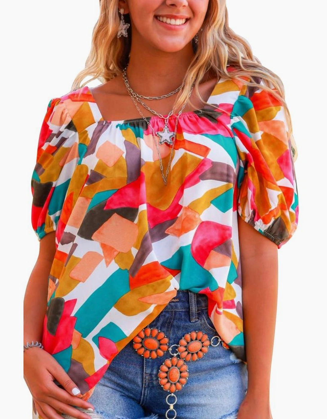 Multicolor Square Neck Abstract Print Short Sleeve Blouse