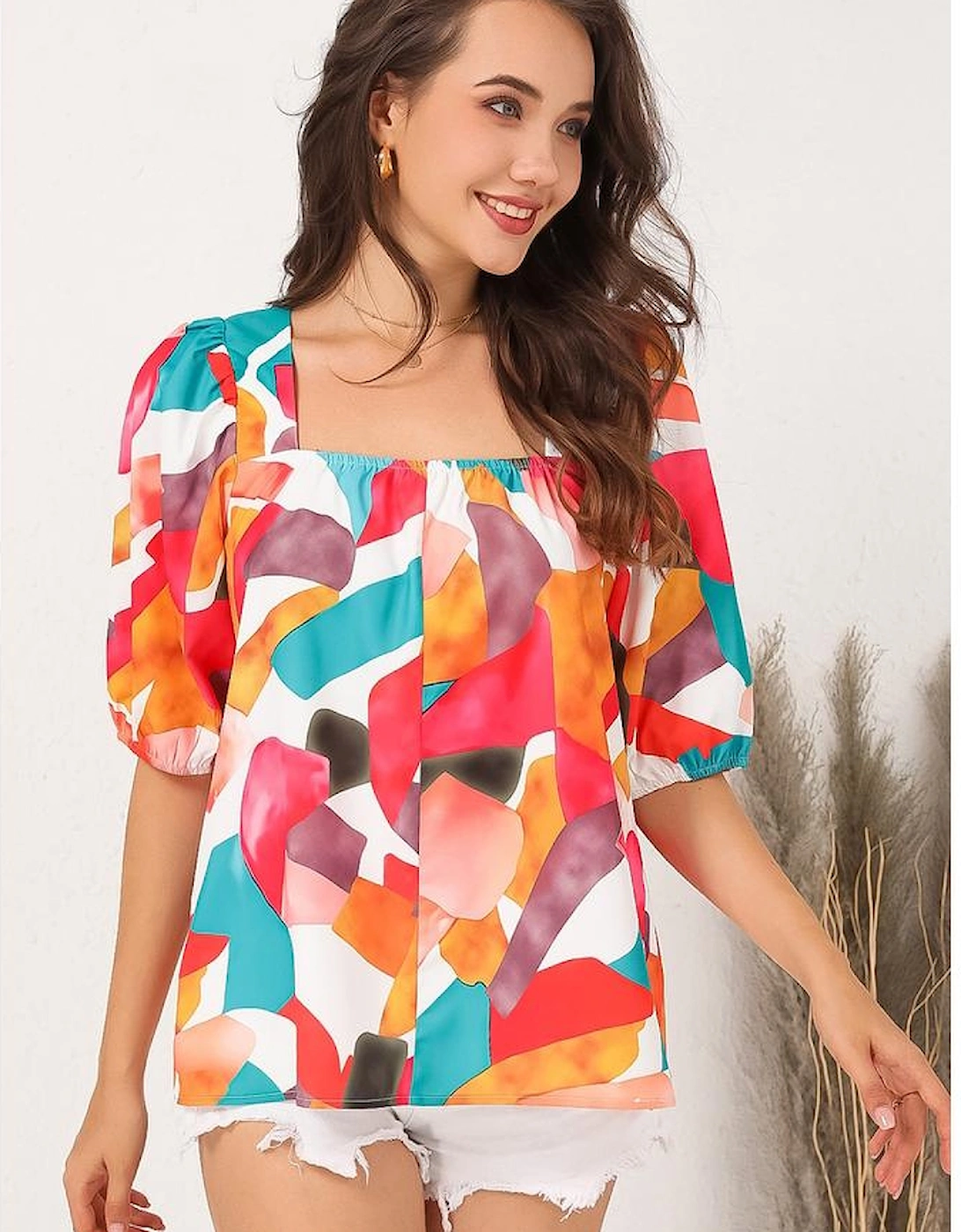 Multicolor Square Neck Abstract Print Short Sleeve Blouse