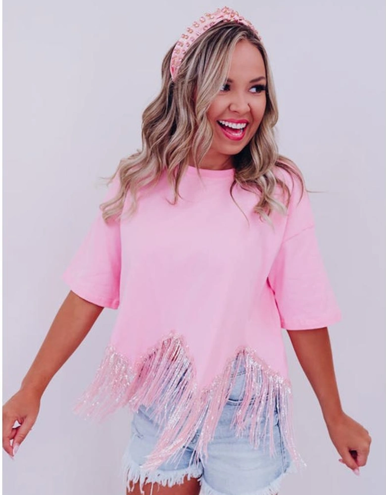 Pink Fringed Sequin Crop T-shirt