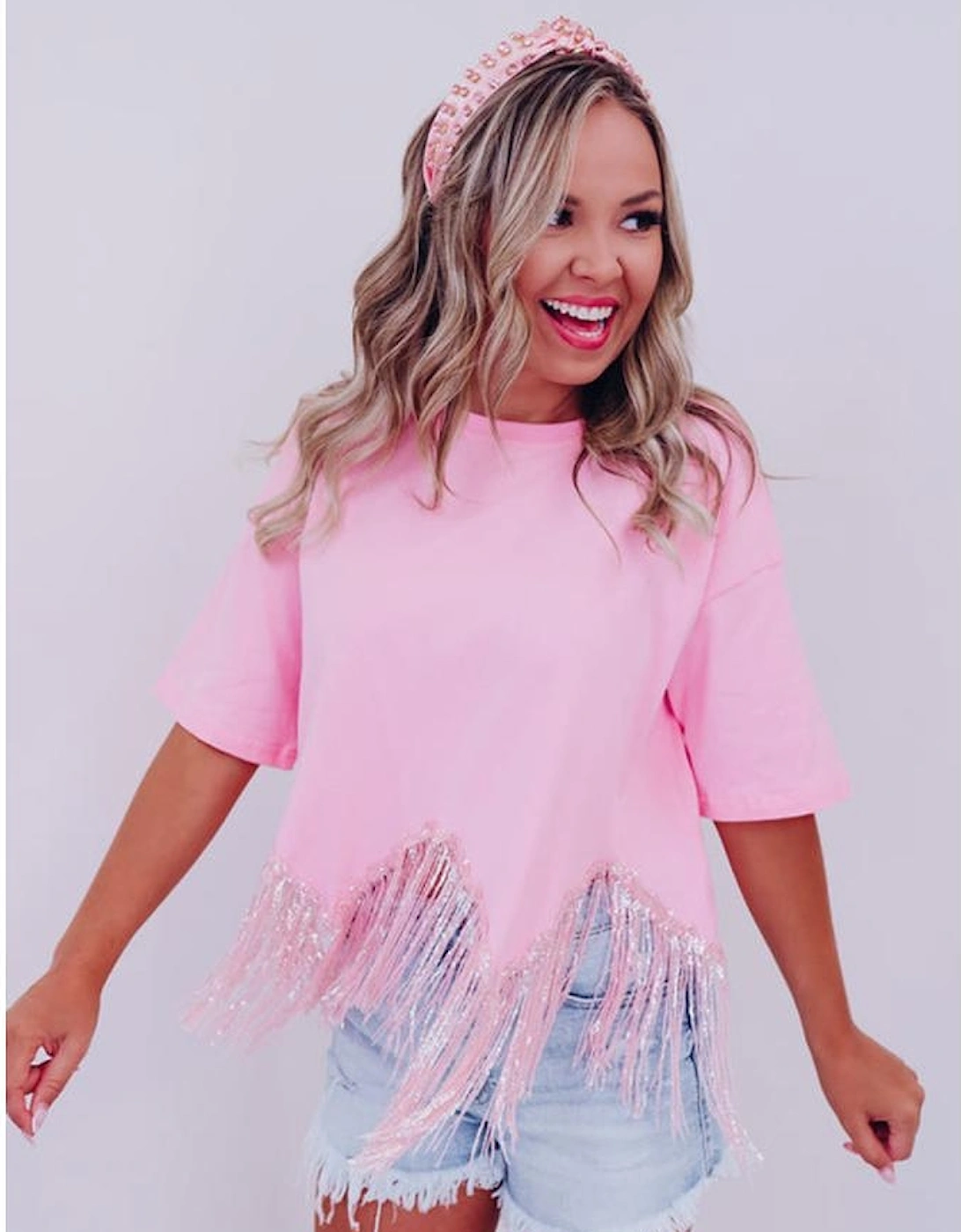 Pink Fringed Sequin Crop T-shirt