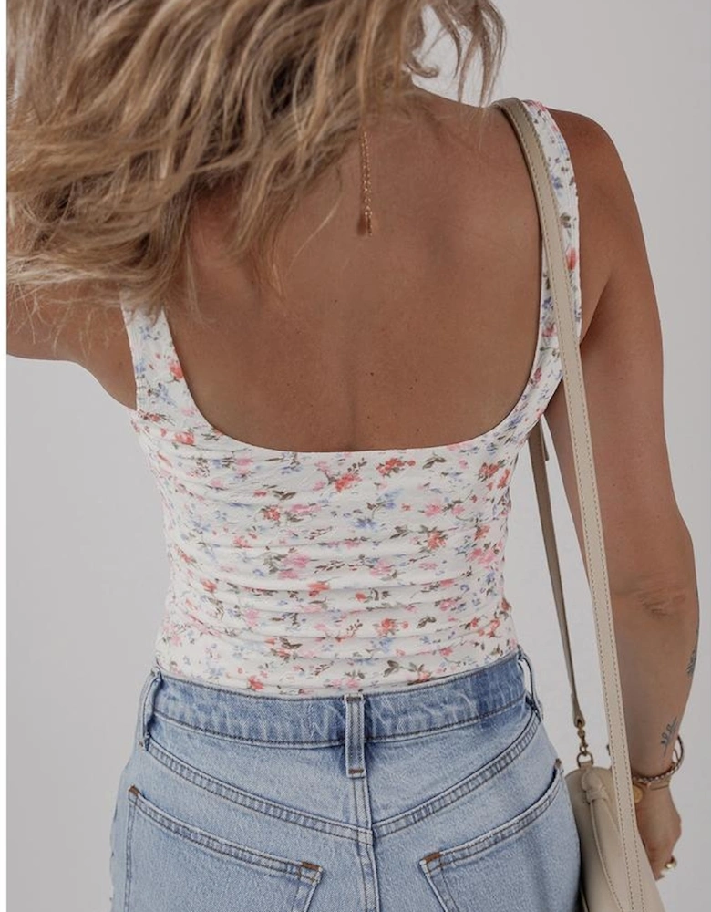 White Floral Textured Square Neck Sleeveless Bodysuit