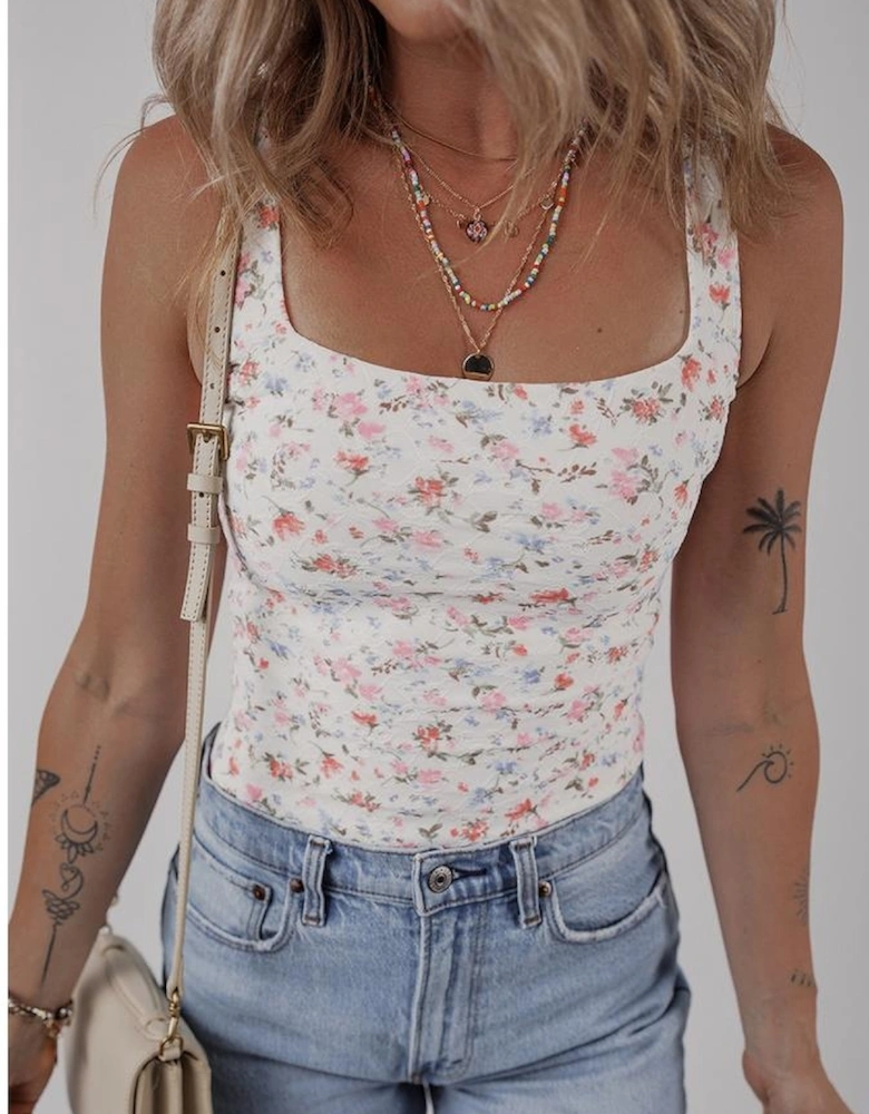 White Floral Textured Square Neck Sleeveless Bodysuit