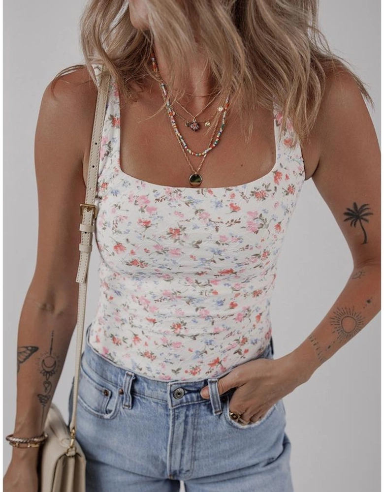 White Floral Textured Square Neck Sleeveless Bodysuit