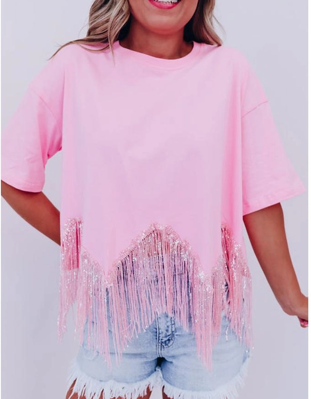 Pink Fringed Sequin Crop T-shirt