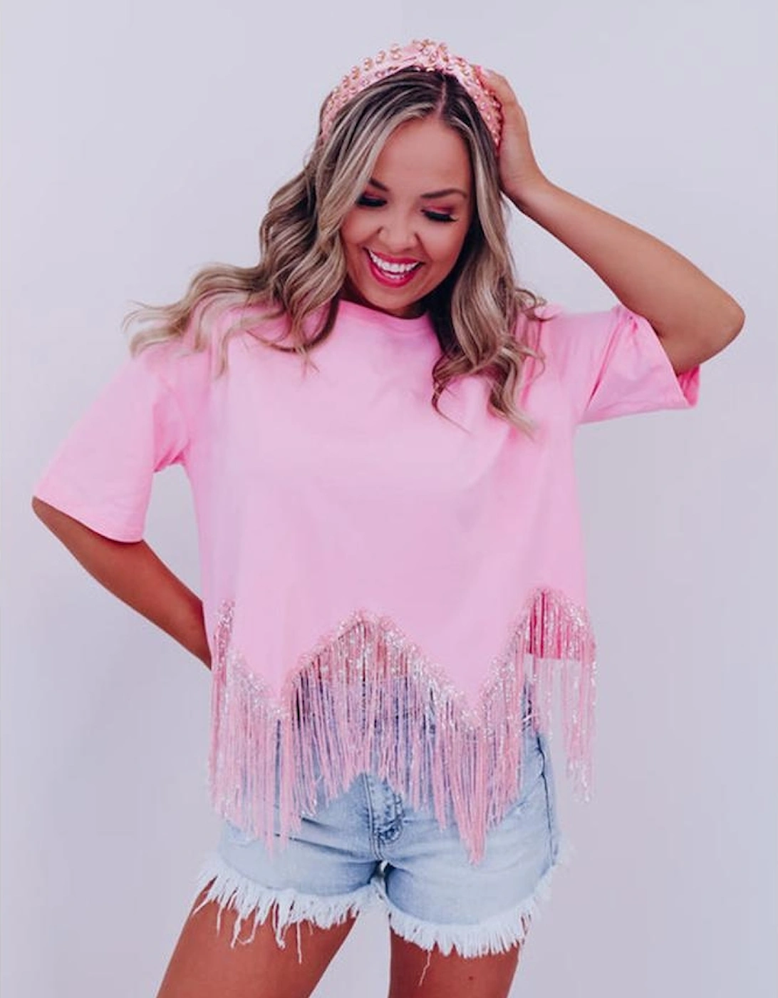 Pink Fringed Sequin Crop T-shirt