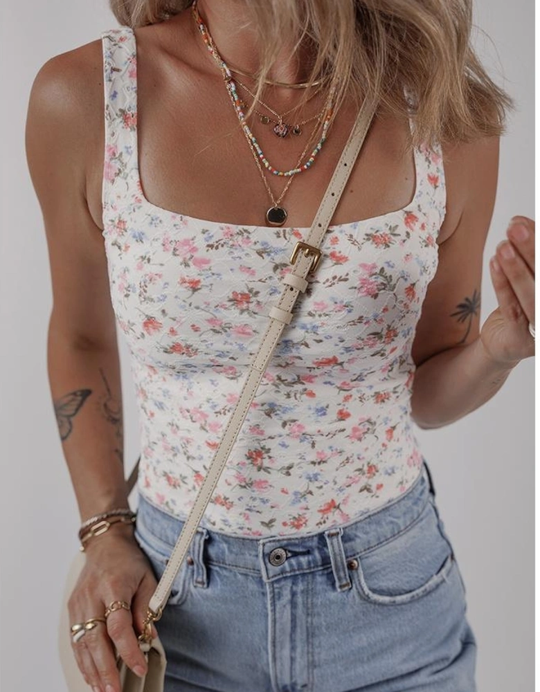 White Floral Textured Square Neck Sleeveless Bodysuit