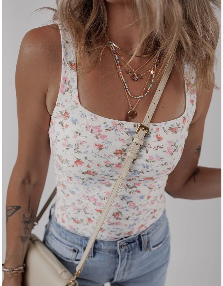 White Floral Textured Square Neck Sleeveless Bodysuit