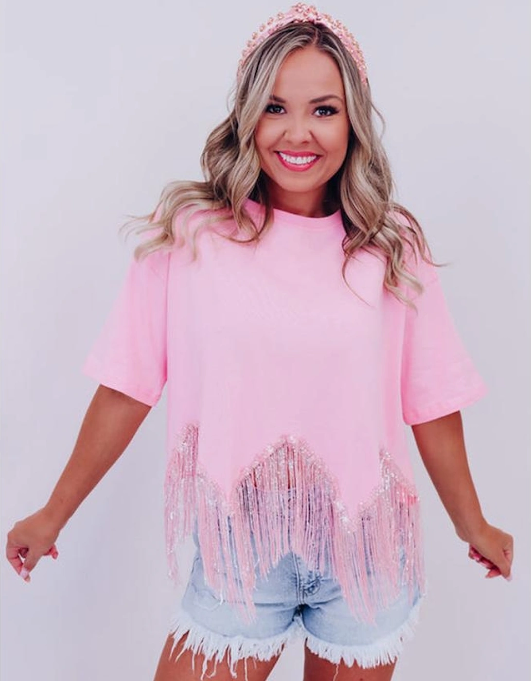 Pink Fringed Sequin Crop T-shirt