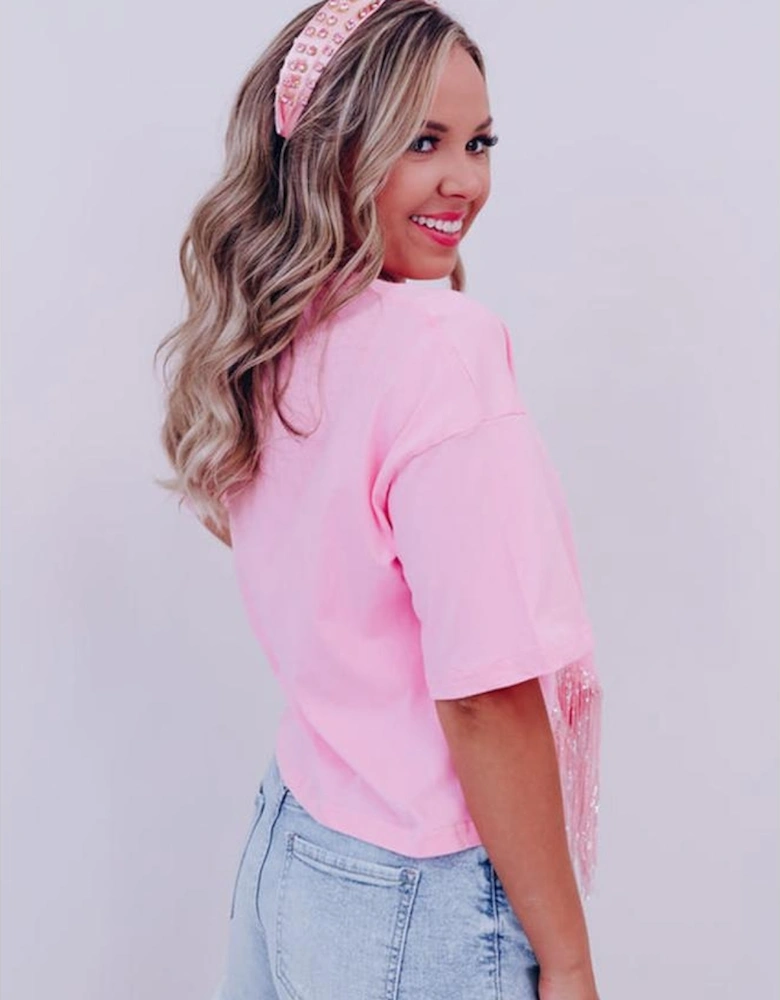 Pink Fringed Sequin Crop T-shirt