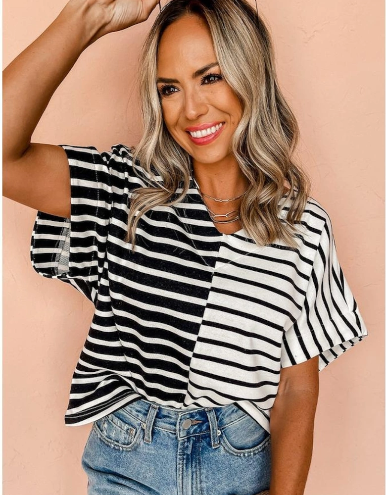 Black Stripe Two Tone Colorblock V Neck T Shirt