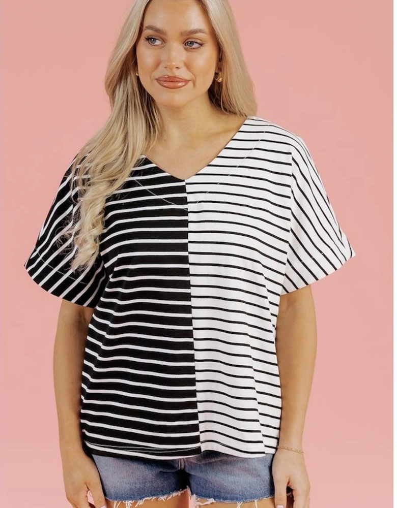 Black Stripe Two Tone Colorblock V Neck T Shirt