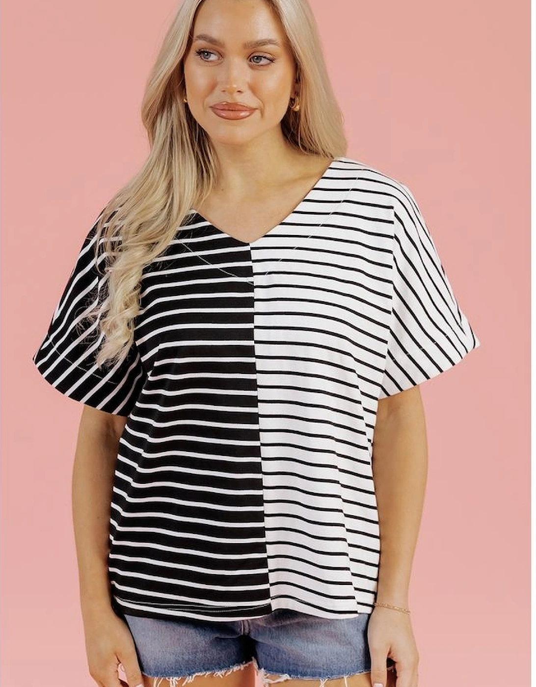 Black Stripe Two Tone Colorblock V Neck T Shirt