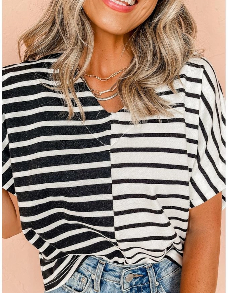 Black Stripe Two Tone Colorblock V Neck T Shirt
