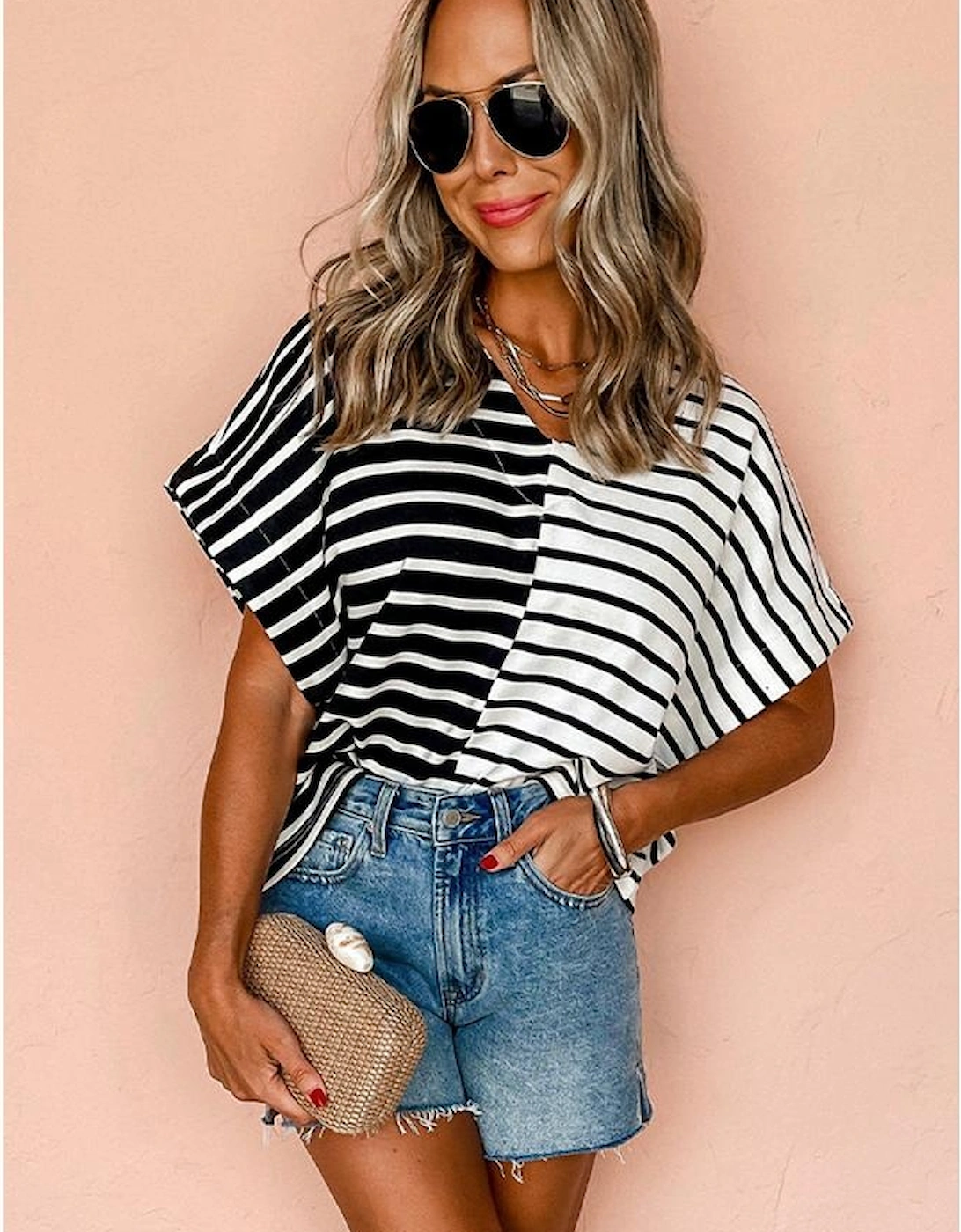 Black Stripe Two Tone Colorblock V Neck T Shirt
