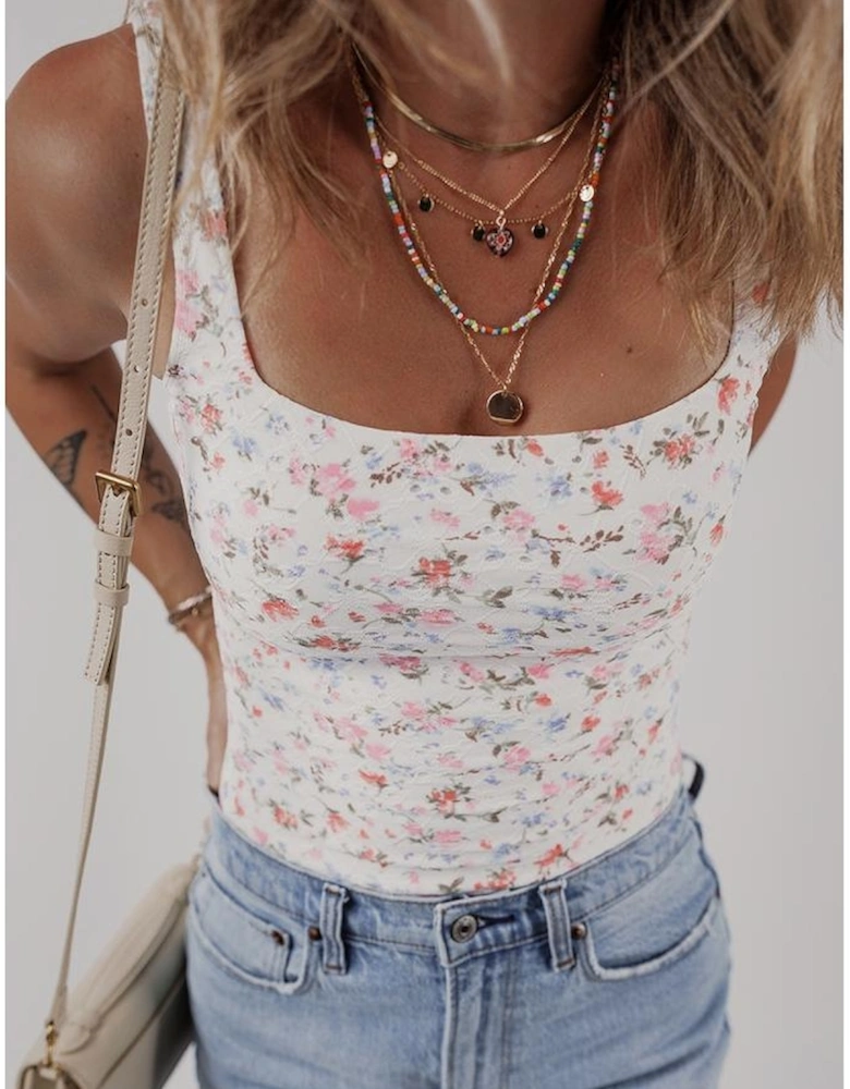 White Floral Textured Square Neck Sleeveless Bodysuit