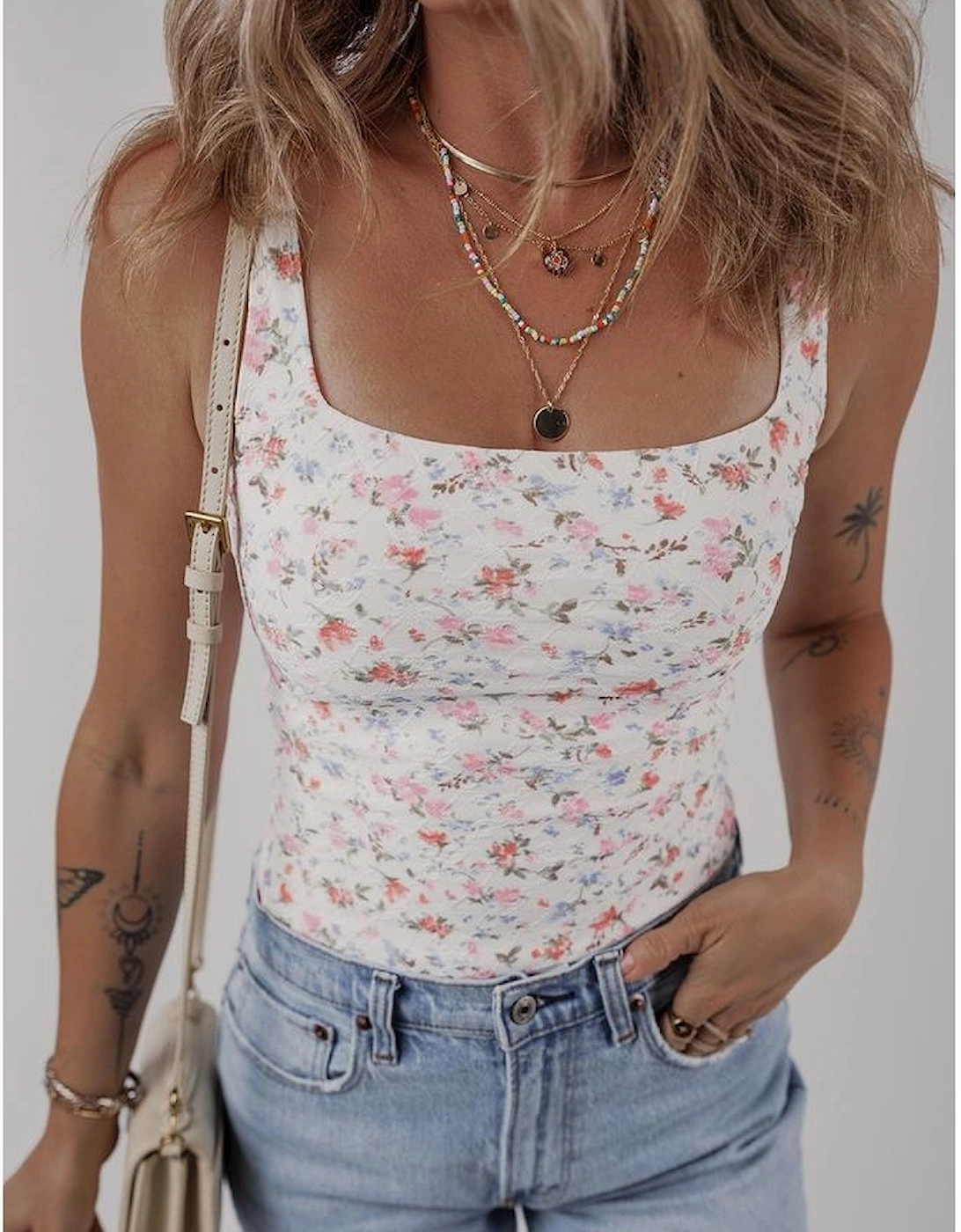 White Floral Textured Square Neck Sleeveless Bodysuit