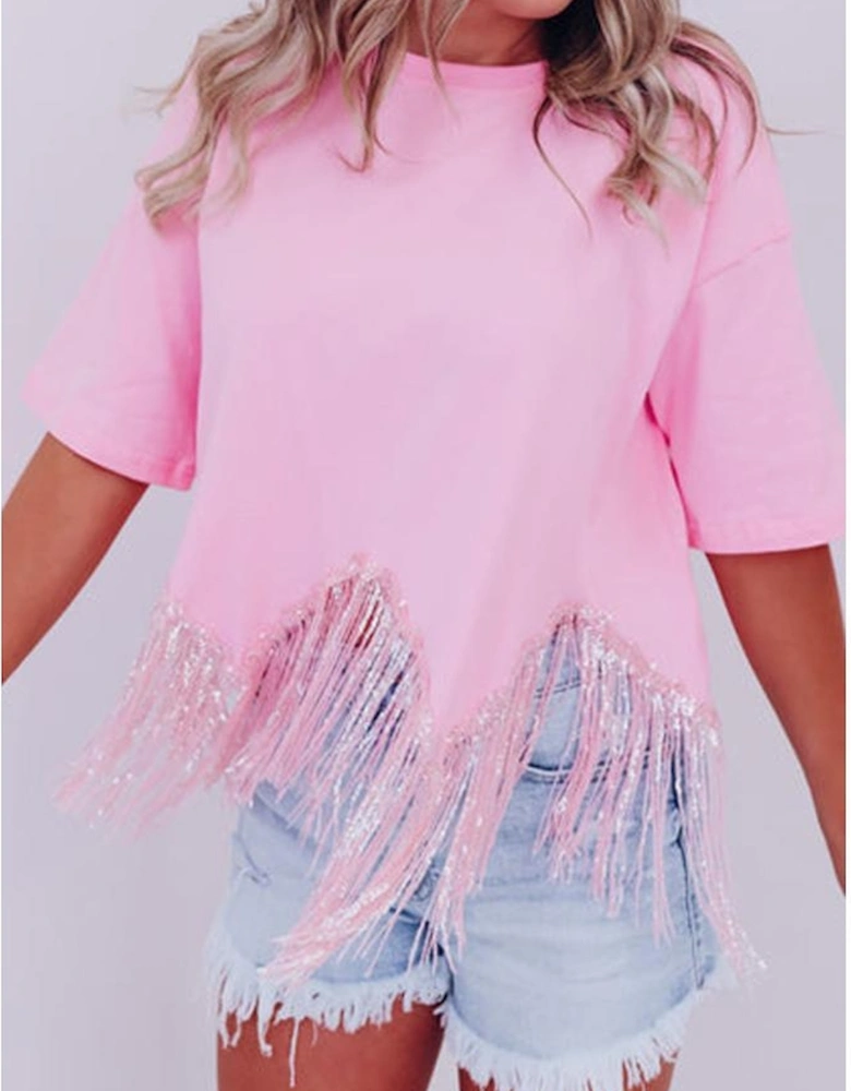 Pink Fringed Sequin Crop T-shirt