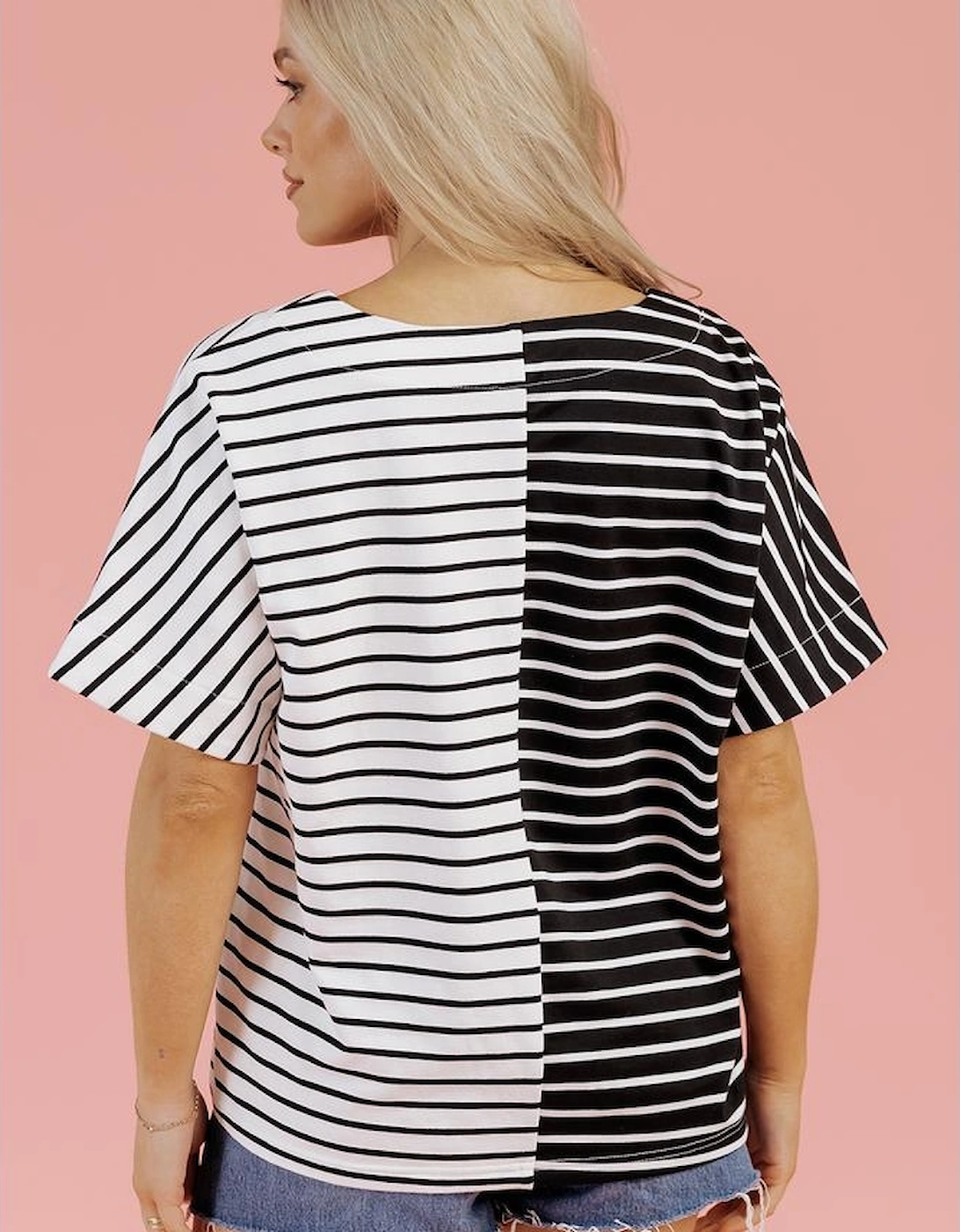 Black Stripe Two Tone Colorblock V Neck T Shirt