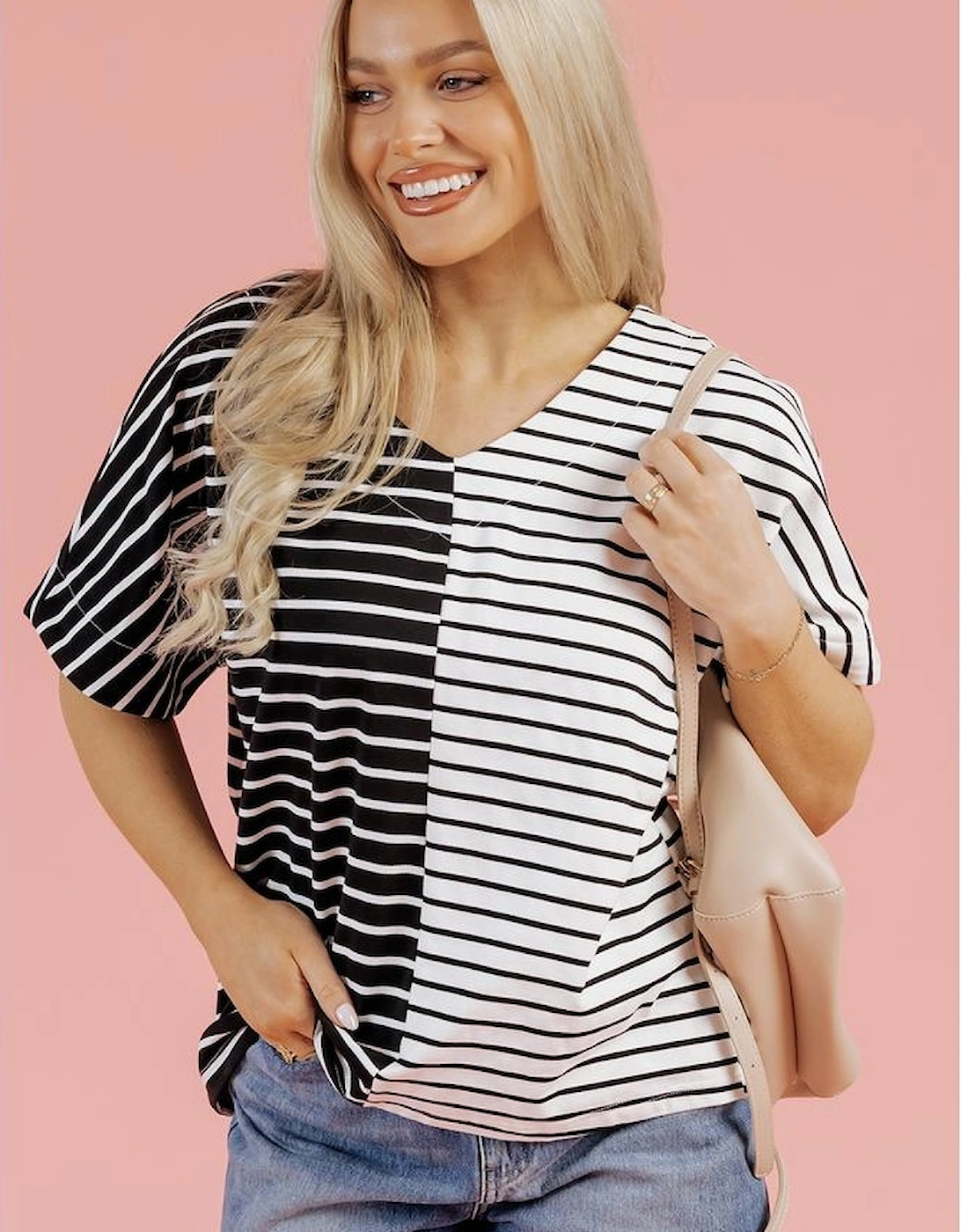 Black Stripe Two Tone Colorblock V Neck T Shirt