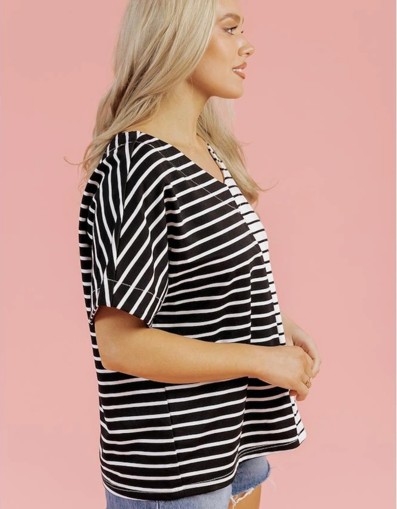 Black Stripe Two Tone Colorblock V Neck T Shirt