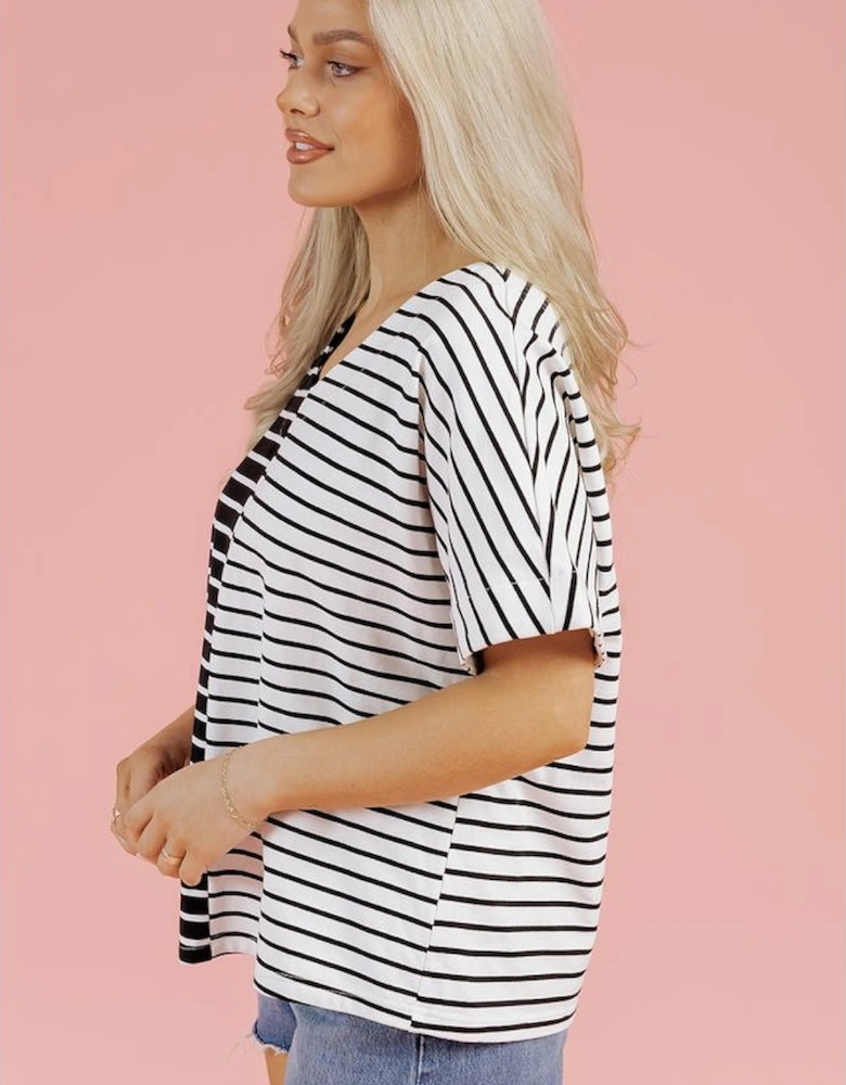 Black Stripe Two Tone Colorblock V Neck T Shirt