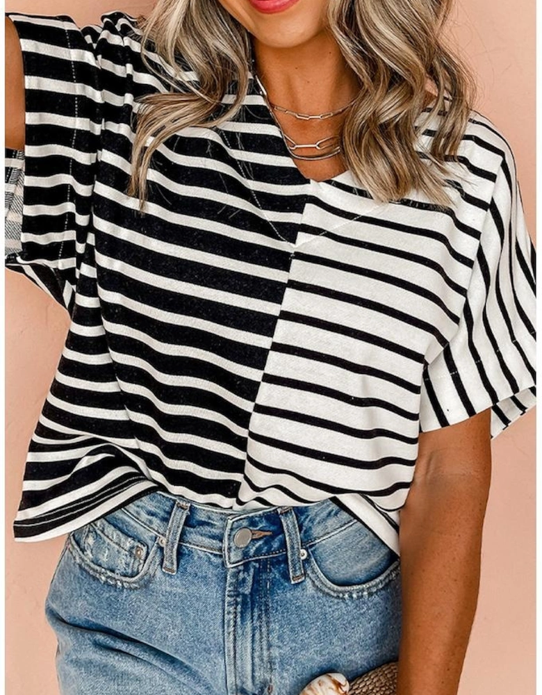 Black Stripe Two Tone Colorblock V Neck T Shirt