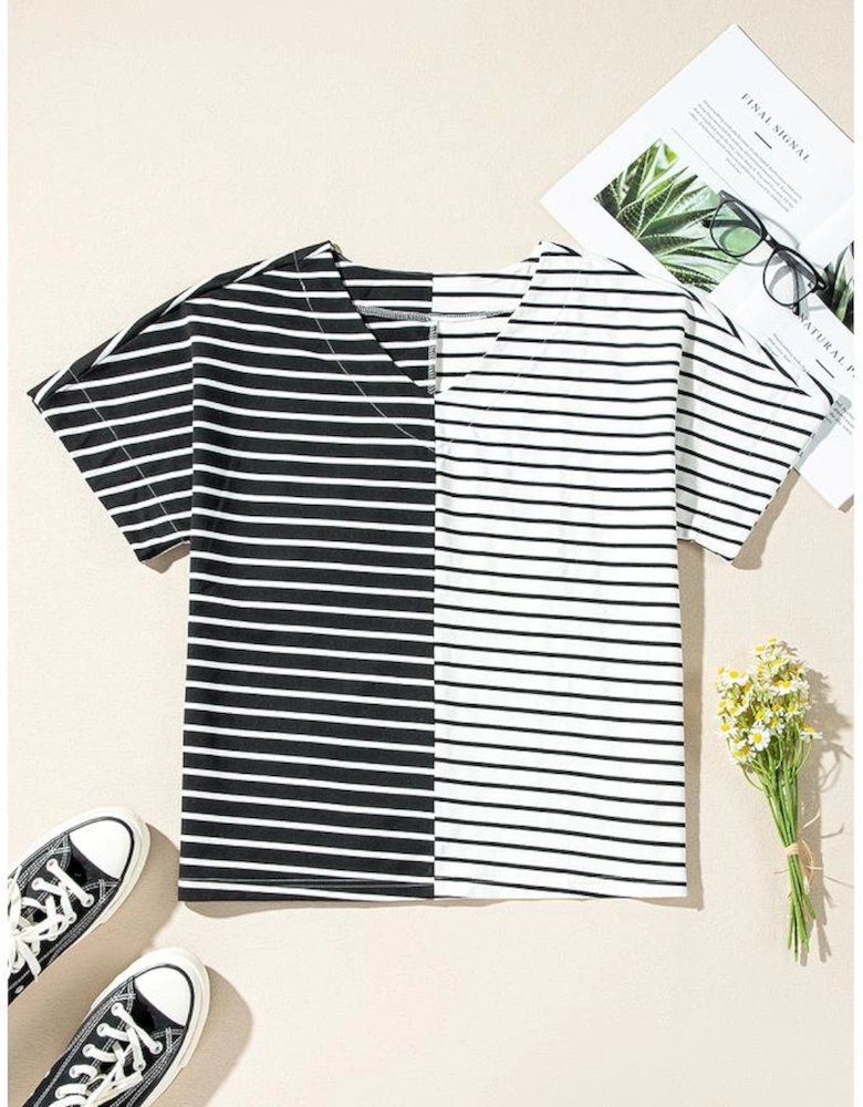 Black Stripe Two Tone Colorblock V Neck T Shirt
