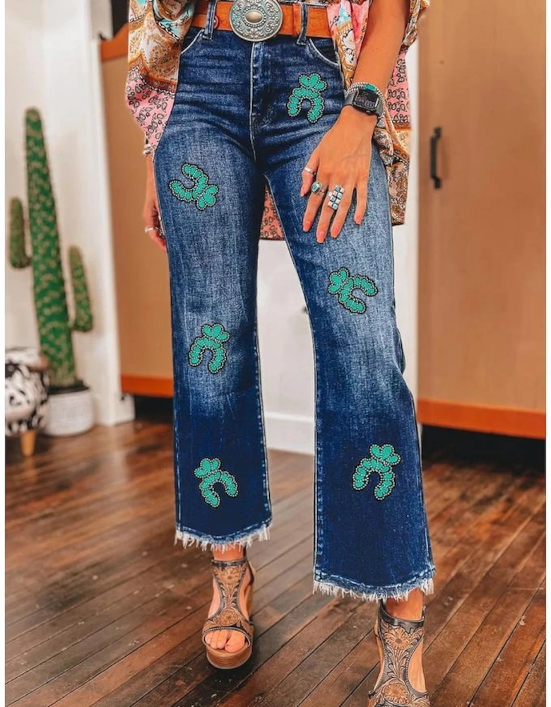 Sail Blue Turquoise Pattern Raw Edge Cropped High Waist Jeans