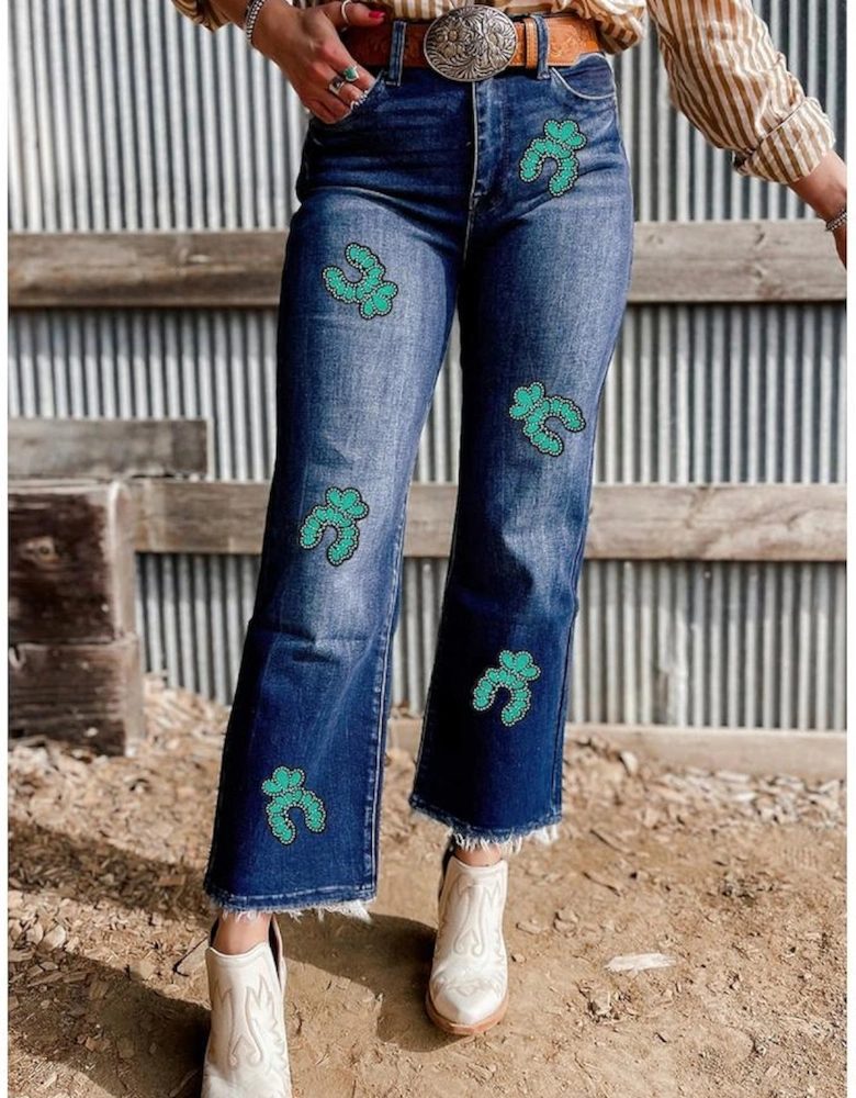 Sail Blue Turquoise Pattern Raw Edge Cropped High Waist Jeans